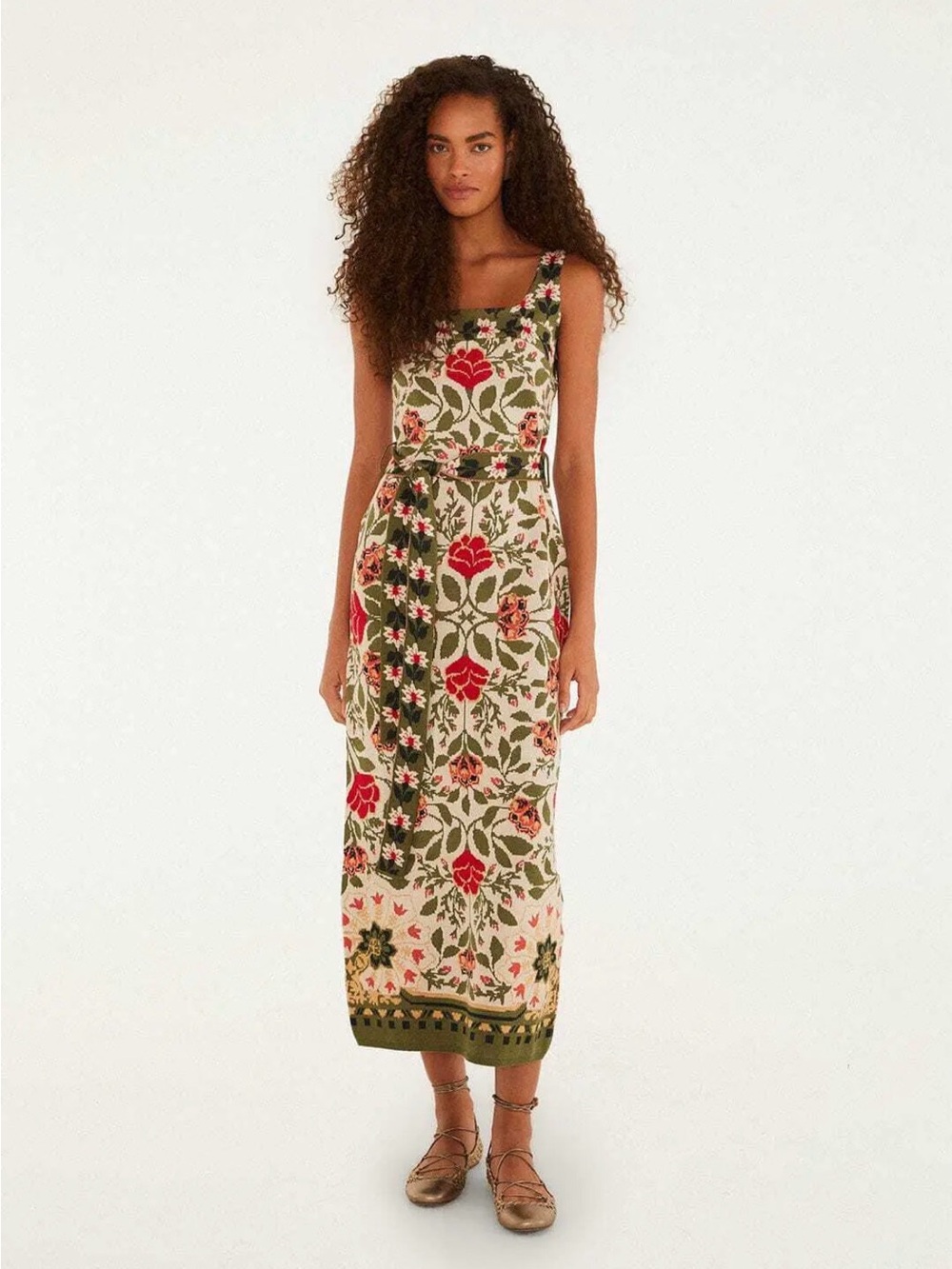 FARM Rio Cream Knit Midi Dress with Green and Red Floral Pattern